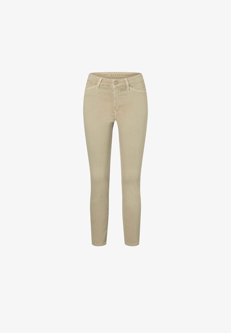 Jean skinny beige en mélange de coton, avec une fermeture à bouton à l'avant, des passants de ceinture et un design standard à cinq poches. Texture lisse.