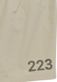 Beige shorts tillverkade av ett lättviktigt tyg. Har en slät textur och en stor gråtryck av "223" på den nedre vänstra sidan.