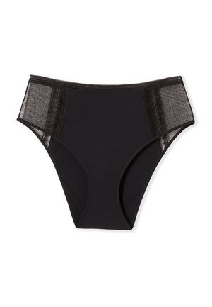 Culotte taille haute noire pour femme avec panneaux en dentelle transparente sur les hanches, présentant un devant lisse et une bordure en dentelle à la taille.