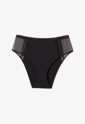 Culotte taille haute noire pour femme avec panneaux en dentelle transparente sur les hanches, présentant un devant lisse et une bordure en dentelle à la taille.