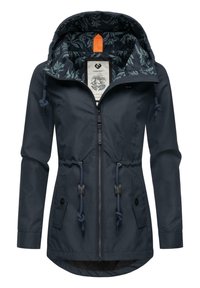 Navy blue hooded jacket with drawstrings, elastic cuffs, two front pockets, and a floral patterned lining. Features a zipper closure.