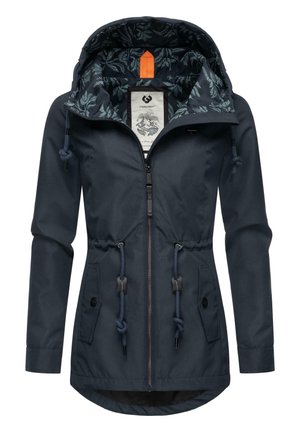Veste à capuche bleu marine avec cordons de serrage, poignets élastiques, deux poches avant et doublure à motifs floraux. Présente une fermeture éclair.
