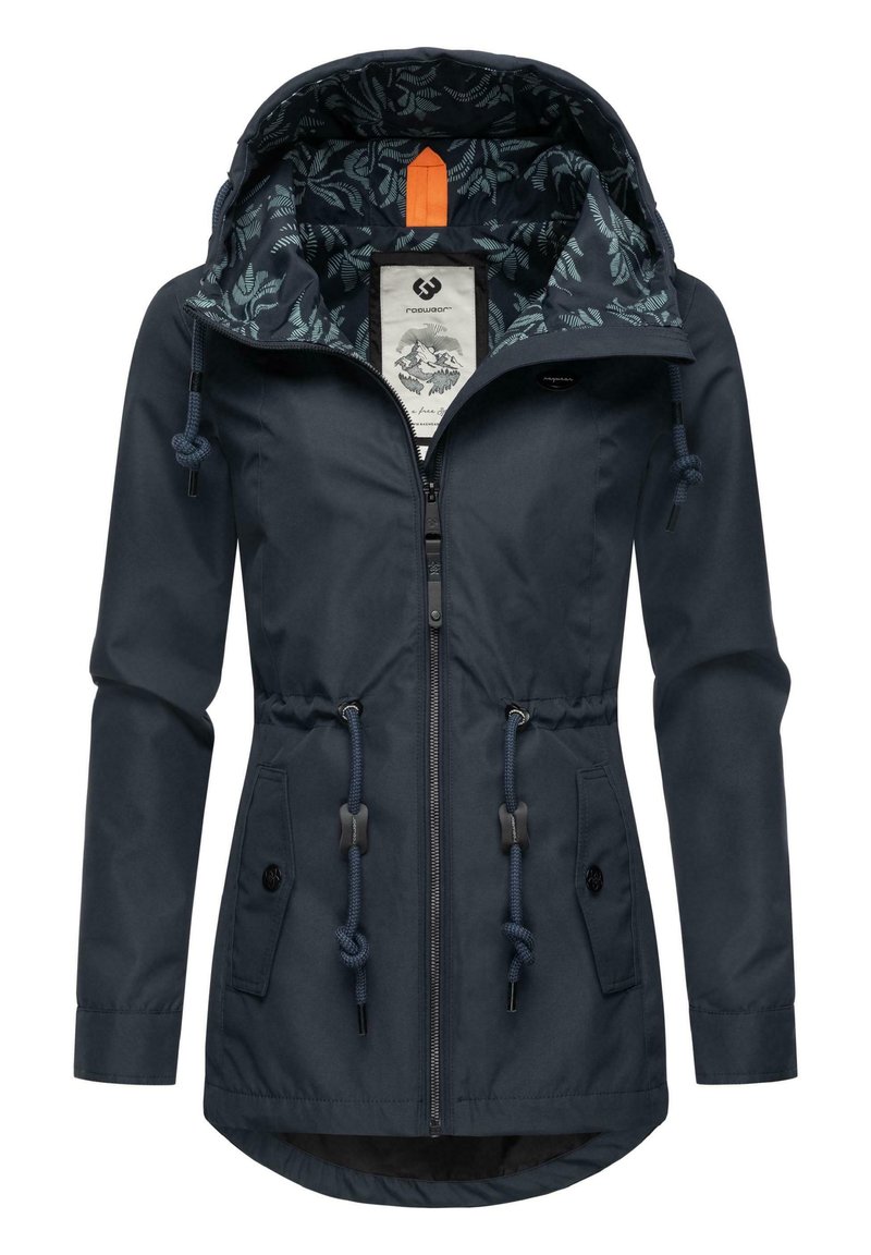 Navy blue hooded jacket with drawstrings, elastic cuffs, two front pockets, and a floral patterned lining. Features a zipper closure.
