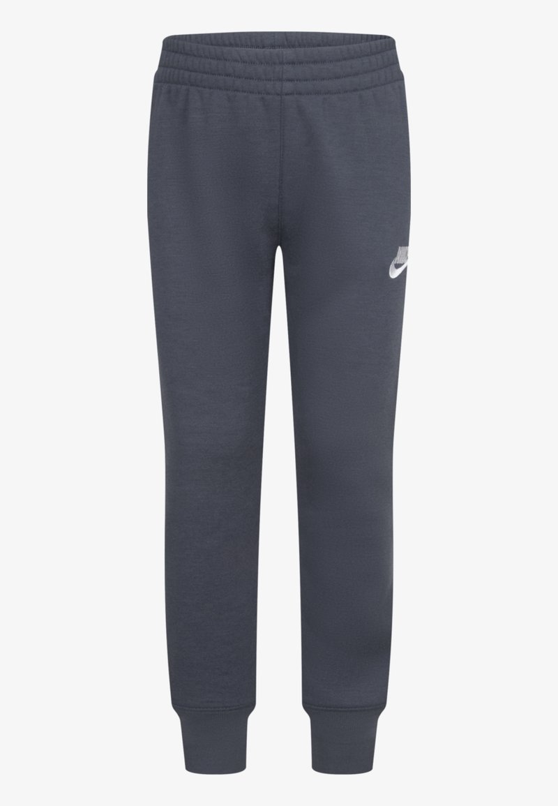 Jogging gris foncé en tissu doux, avec une taille élastique et des poignets, arborant un petit logo blanc sur la cuisse gauche.