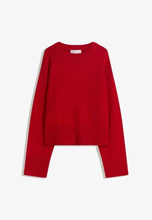 Red sweater with a crew neckline, long sleeves, and ribbed cuffs and hem. Made of soft, textured fabric. Cropped design.