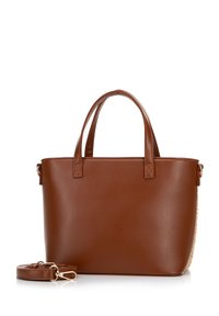 Braune synthetische Lederhandtasche mit doppelten Tragegriffen und abnehmbarem Gürtel, glatte Textur, runde Form und minimalistisches Design.