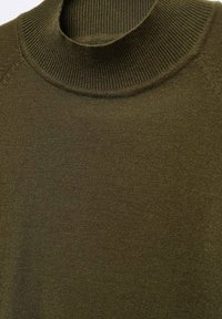 Olivgrüner gestrickter Pullover mit hohem Rippkragen, der eine glatte Textur und nahtlose Raglanärmel aufweist.