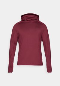Maroon long-sleeve hooded shirt, made of soft, lightweight material. Features a high collar and subtle logo detail on the chest.