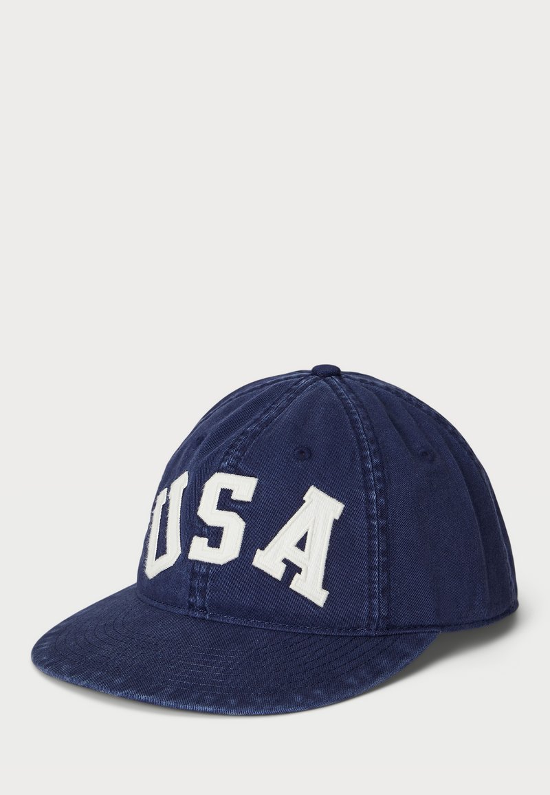 Casquette de baseball bleu marine en coton, ornée d'une broderie blanche "USA" sur le devant, design à six panneaux et visière incurvée.