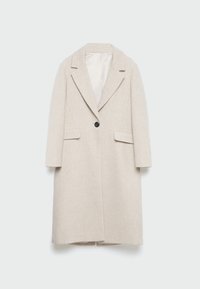 Manteau beige mi-long en mélange de laine avec revers crantés, fermeture par un seul bouton noir, manches longues et deux poches avant à rabat.