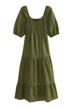 Oliwkowa sukienka midi z bufkami na półrękawkach, marszczoną górą, wielowarstwową spódnicą i elastycznymi mankietami na rękawach.