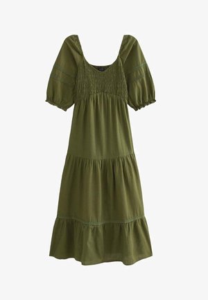 Vestido midi verde oliva con mangas abullonadas hasta el codo, cuerpo fruncido, falda en capas y puños elásticos en las mangas.