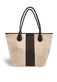 Borsa a spalla intrecciata in paglia con una larga striscia centrale in pelle marrone e accenti in pelle intrecciata. Doppi manici in pelle. Superficie testurizzata.