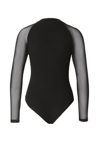 Body noir avec manches longues en maille transparente, encolure ronde et coupe ajustée. Tissu lisse avec une apparence élégante et minimaliste.