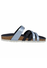 Sandali open-toe con suola in sughero. Caratterizzati da cinturini in pelle blu e glitter neri, con una soletta testurizzata e una suola in gomma bianca.