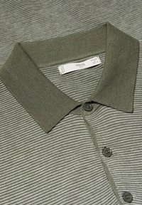 Polo rayé vert et blanc avec un col vert uni et trois boutons foncés, montrant une étiquette en tissu à l'intérieur du col.