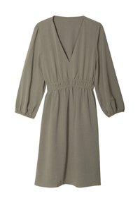 Robe vert kaki avec un décolleté en V, des manches trois-quarts, une taille élastique et une coupe décontractée, fabriquée en tissu texturé.