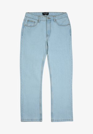 Lyseblå jeans laget av denim med rette ben, med standardlommer og synlige sømdetaljer. Ingen pynt.