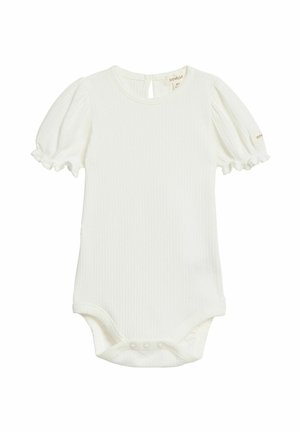 Hvid ribstrikket babybodystocking med korte pufærmer, rund hals og trykknapper i skridtet for nem bleskift.