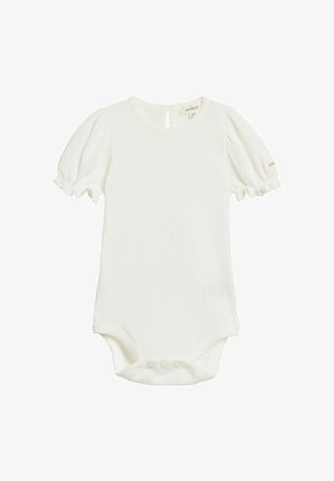 Weißer gerippter Baby-Body mit kurzen Puffärmeln, Rundhalsausschnitt und Druckknöpfen im Schritt für einfaches Windelwechseln.