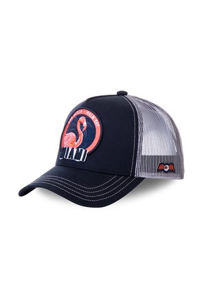 Casquette de baseball en mesh bleu marine et gris avec un écusson flamant rose, texte "Von Dutch Palm Bay" et "Miami" brodé sous l'écusson.