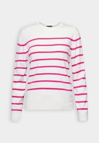 Maglione bianco a maniche lunghe con righe orizzontali rosa, colletto rotondo e polsini e orlo a costine. Tessuto morbido; vestibilità casual.