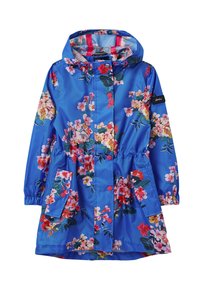 Blå vandtæt jakke med blomstermønster, elastiske manchetter, snoretræk i taljen, trykknapper og to forlommer.