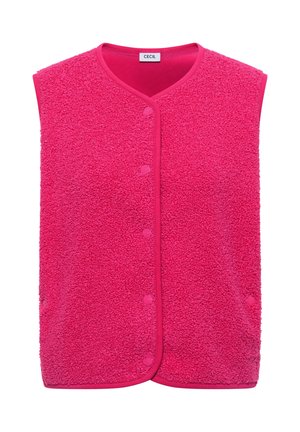Veste sans manches en polaire texturée rose vif avec boutons-pression sur le devant et col rond.