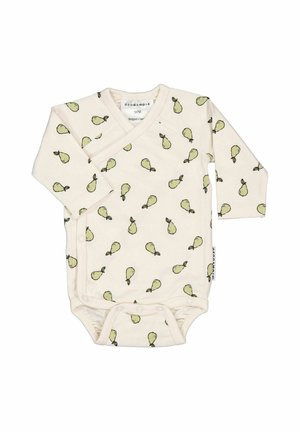 Babydragt i cremefarve med lange ærmer og grøn pæremønster, frontknapper og sideindpakningsdesign.