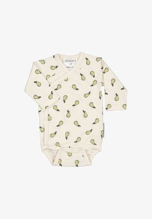 Babydragt i cremefarve med lange ærmer og grøn pæremønster, frontknapper og sideindpakningsdesign.
