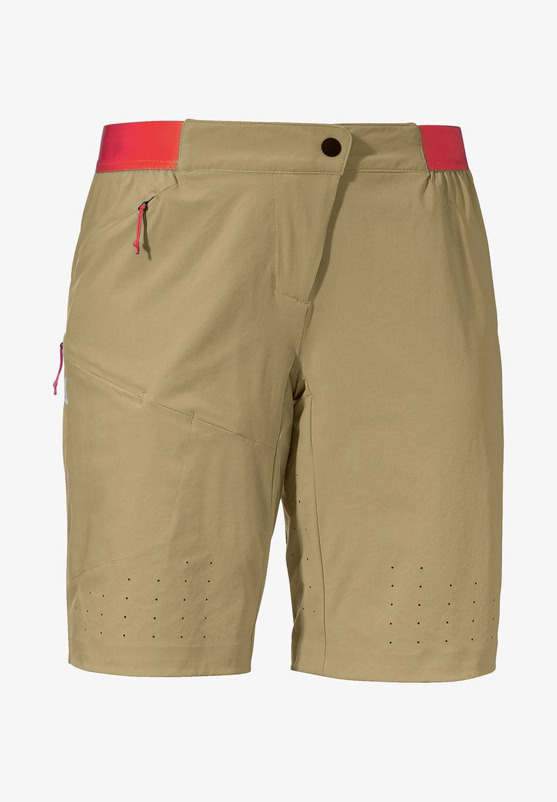 Herren Shorts aus tanfarbenem Stoff mit einem atmungsaktiven Design. Ausgestattet mit einem leuchtend roten Bund, Reißverschlusstaschen und perforierten Akzenten zur Belüftung.