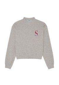Lichtgrijze cropped sweatshirt met ribbels in de boorden en een hoge kraag. Heeft een gestileerde roze "S" op de linkerborst. Zachte textuur.