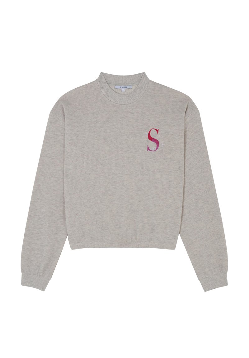 Lichtgrijze cropped sweatshirt met ribbels in de boorden en een hoge kraag. Heeft een gestileerde roze "S" op de linkerborst. Zachte textuur.