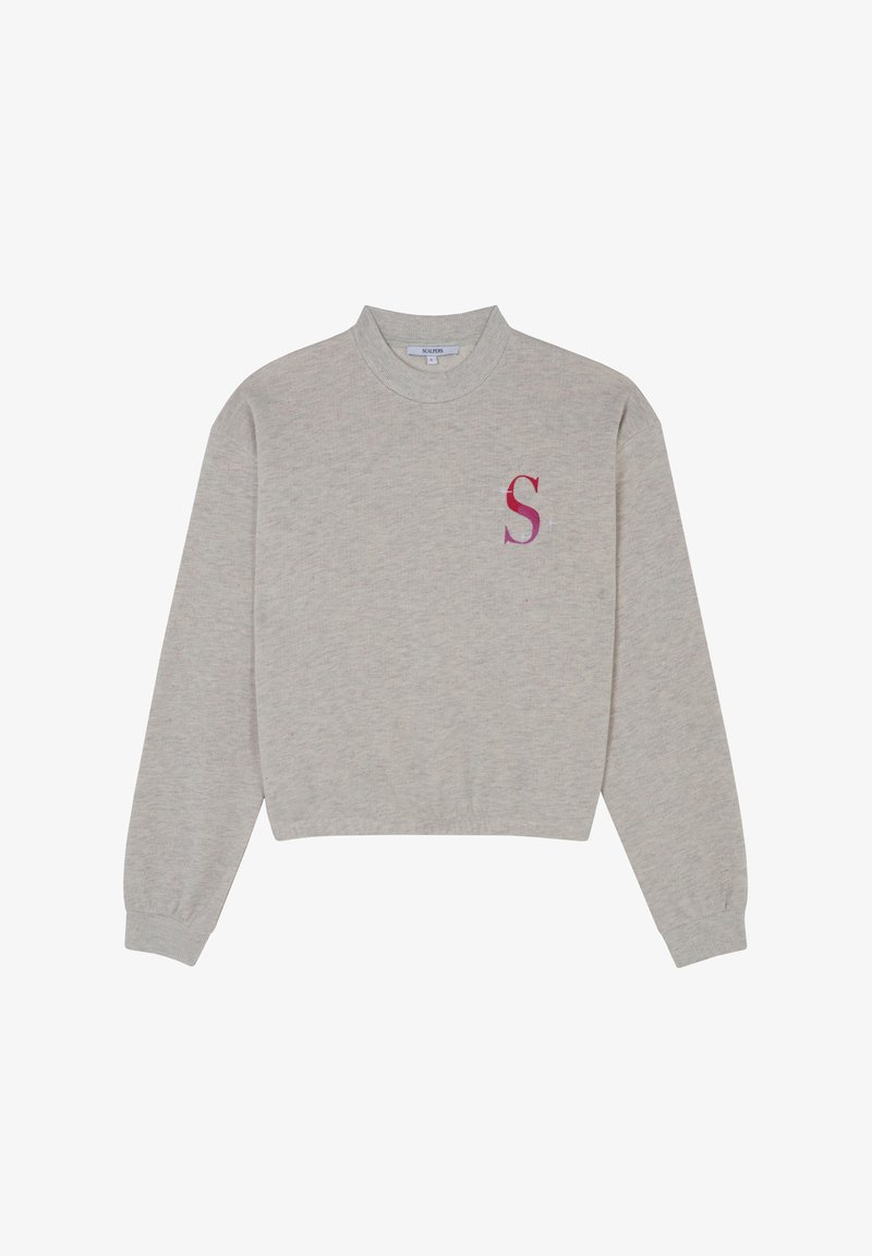 Lichtgrijze cropped sweatshirt met ribbels in de boorden en een hoge kraag. Heeft een gestileerde roze "S" op de linkerborst. Zachte textuur.