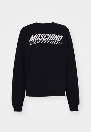Felpa nera con maniche lunghe e polsini a coste. Presenta il testo bianco "MOSCHINO COUTURE!" in evidenza sul petto.
