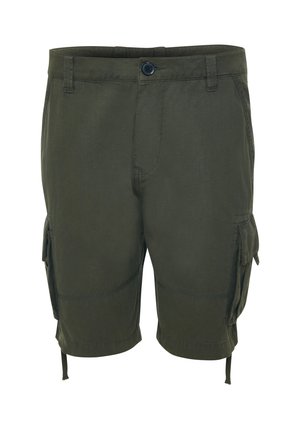 Dunkelgrüne Cargo-Shorts mit seitlichen Klappentaschen, Knopfverschluss, Gürtelschlaufen und Kordelzügen am Saum.