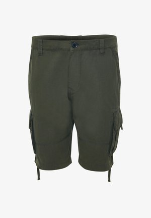 Dunkelgrüne Cargo-Shorts mit seitlichen Klappentaschen, Knopfverschluss, Gürtelschlaufen und Kordelzügen am Saum.