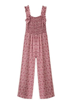 Combinaison rose sans manches avec imprimé de feuilles rouges, corsage smocké et bretelles à volants, dotée d'un pantalon à jambes larges.