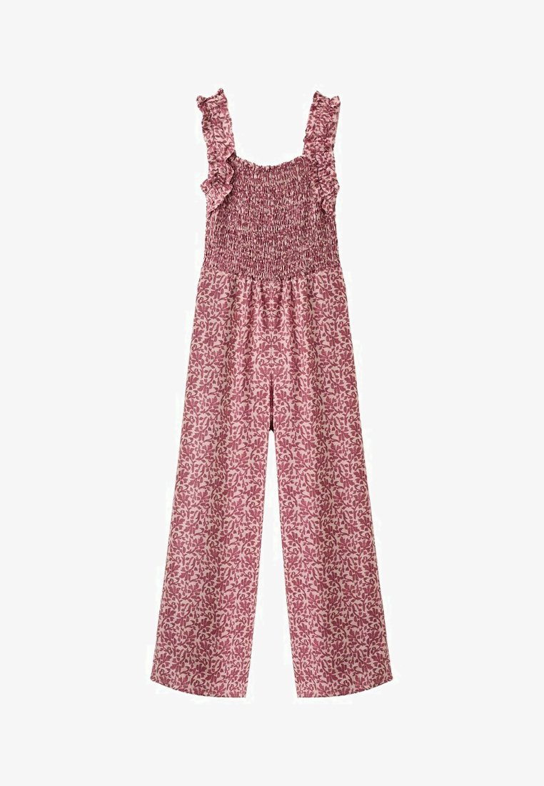 Sleeveless pink jumpsuit with red leaf print, smocked bodice, and ruffled shoulder straps, featuring wide-leg pants.