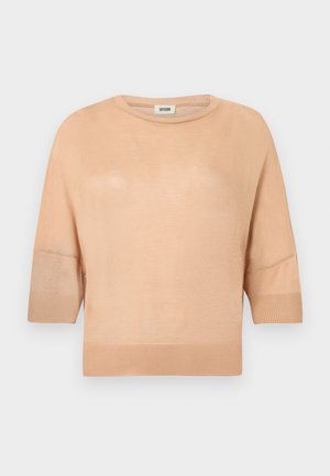 Pulover bej cu mâneci scurte, tricotat, cu decolteu rotund, realizat dintr-un material ușor, cu tiv și manșete rib.