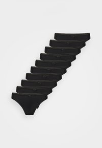 Negen zwarte bikinis voor vrouwen met kantafwerking en kleine strikken, netjes gestapeld op een witte achtergrond.