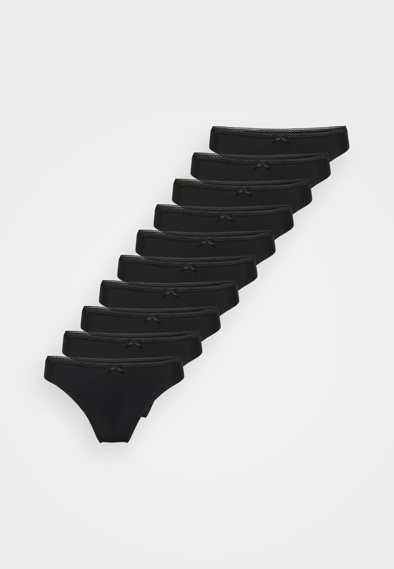 Negen zwarte bikinis voor vrouwen met kantafwerking en kleine strikken, netjes gestapeld op een witte achtergrond.