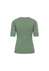 Olive green, short-sleeved t-shirt made from soft cotton, featuring a round neck and a fitted shape with a smooth texture. No visible patterns.