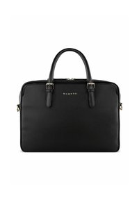 Schwarze Laptop-Tasche mit strukturiertem Design, aus strukturiertem Kunststoffmaterial, mit zwei oberen Griffen und Zubehörteilen in Goldfarbe.