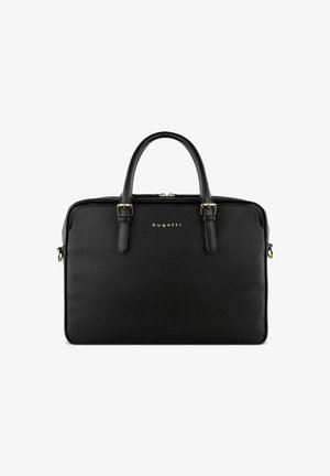 Schwarze Laptop-Tasche mit strukturiertem Design, aus strukturiertem Kunststoffmaterial, mit zwei oberen Griffen und Zubehörteilen in Goldfarbe.