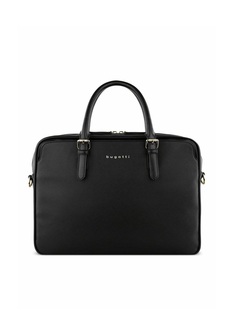 Schwarze Laptop-Tasche mit strukturiertem Design, aus strukturiertem Kunststoffmaterial, mit zwei oberen Griffen und Zubehörteilen in Goldfarbe.