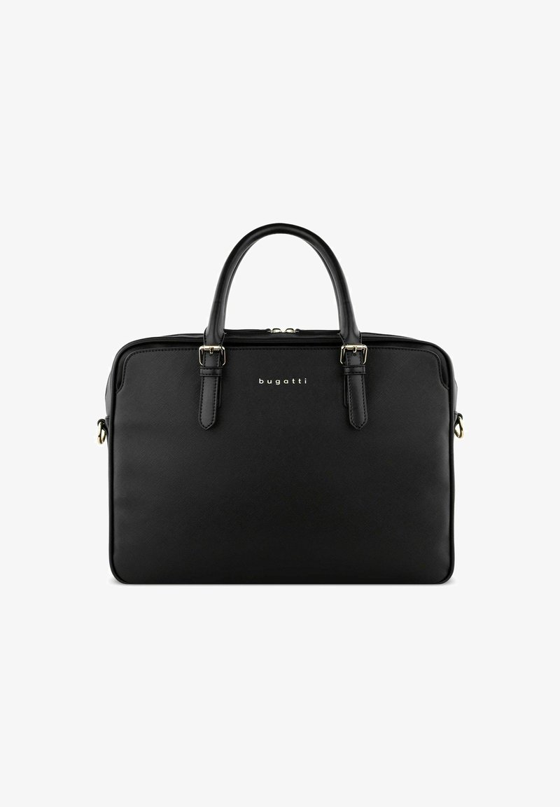 Schwarze Laptop-Tasche mit strukturiertem Design, aus strukturiertem Kunststoffmaterial, mit zwei oberen Griffen und Zubehörteilen in Goldfarbe.
