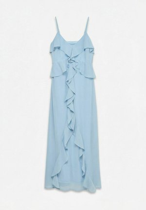 Lichtblauwe mouwloze maxi-jurk met dunne bandjes en cascaderende ruches aan de voorkant en rond het lijfje.