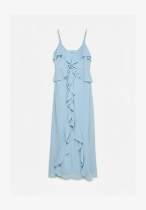Lichtblauwe mouwloze maxi-jurk met dunne bandjes en cascaderende ruches aan de voorkant en rond het lijfje.