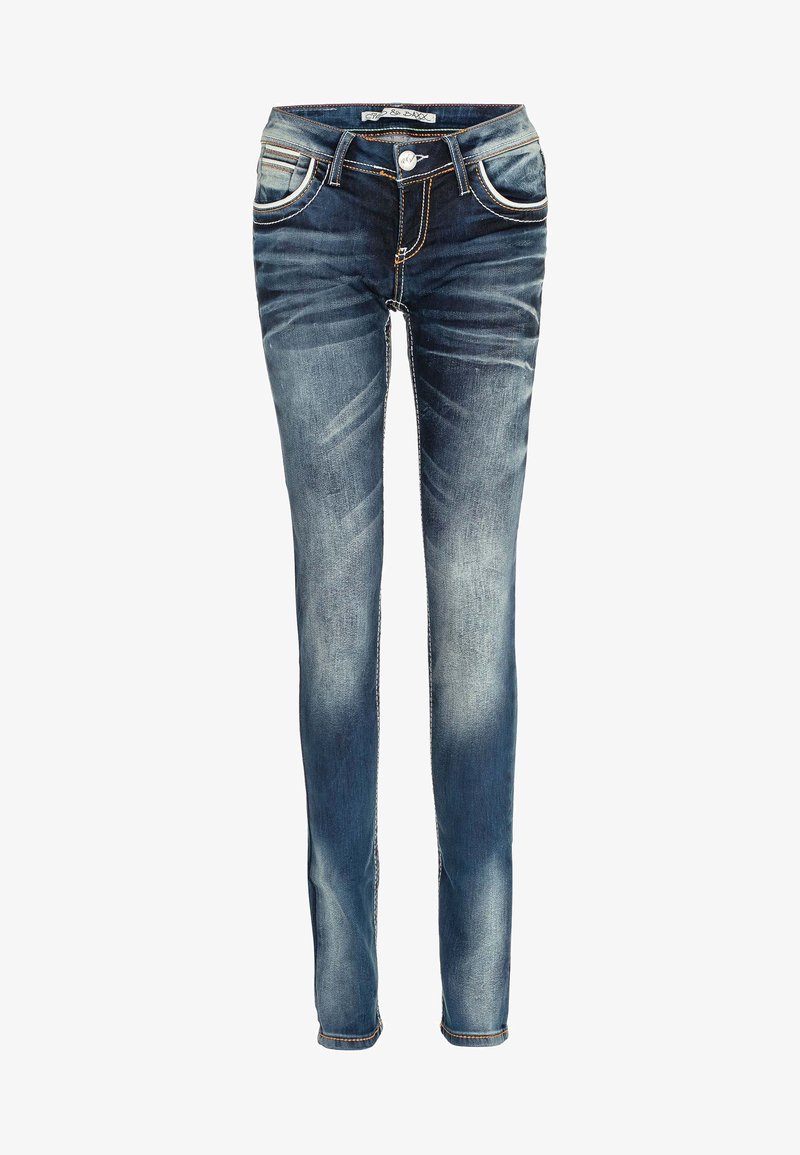 Schlanke blaue Denim-Jeans mit einer ausgewaschenen Optik, ausgestattet mit fünf Taschen, Kontrastnähten und einem Reißverschluss mit Knopfverschluss.